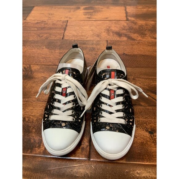 PRADA Black Floral Laser Cut Patent Leather Sneakers, Size 7 | 37 - Picture 2 of 11